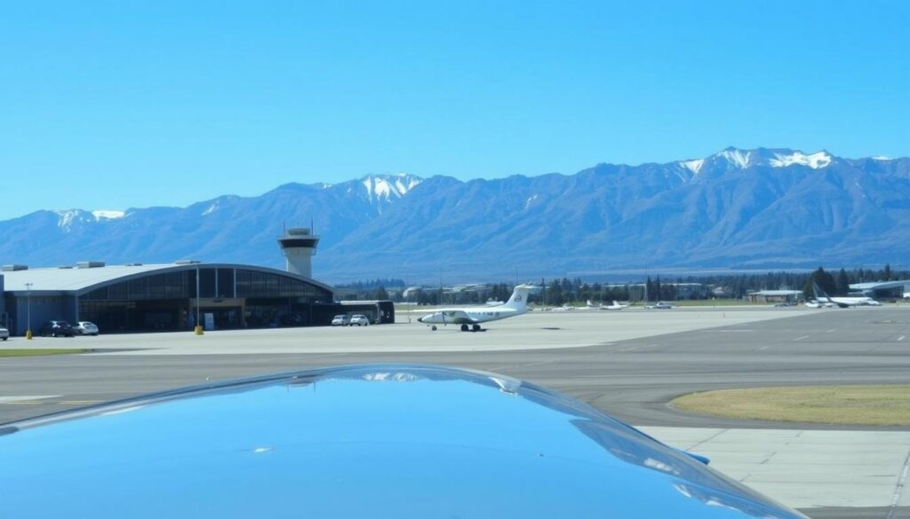 Aeroporto Internacional Teniente Luis Candelaria em Bariloche com montanhas ao fundo Aeroporto Internacional Teniente Luis Candelaria em Bariloche com montanhas ao fundo