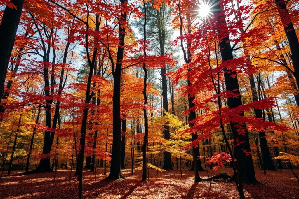 Bosque com árvores em cores de outono em Bariloche, mostrando tons de vermelho, laranja e amarelo Bosque com árvores em cores de outono em Bariloche, mostrando tons de vermelho, laranja e amarelo