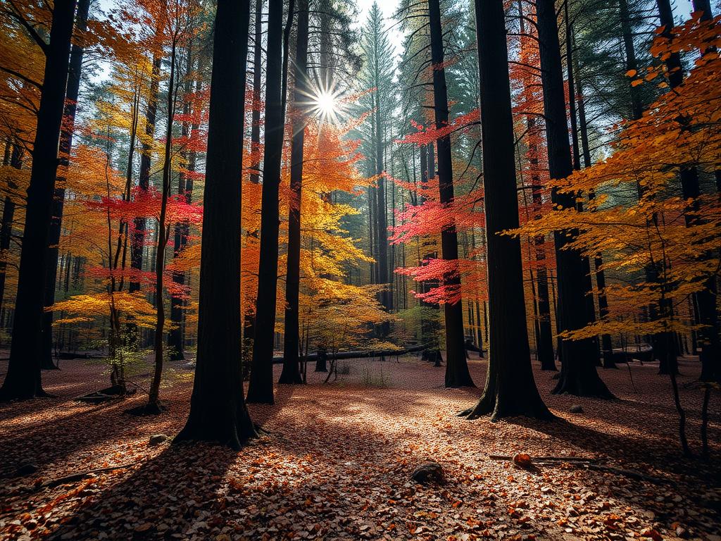 Bosque de Arrayanes em Bariloche durante o outono, mostrando árvores de casca canela entre folhagens coloridas Bosque de Arrayanes em Bariloche durante o outono, mostrando árvores de casca canela entre folhagens coloridas