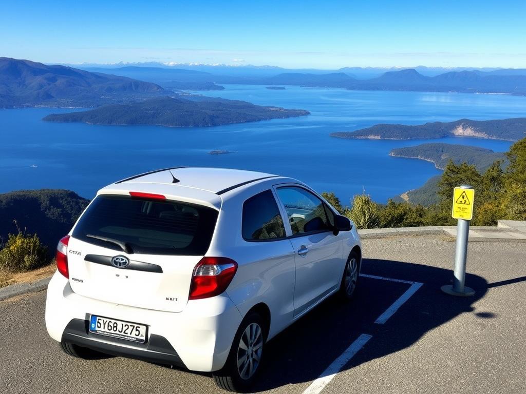 Carro alugado estacionado com vista para o lago Nahuel Huapi em Bariloche