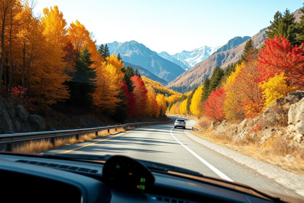 Carro percorrendo estrada com paisagem outonal em Bariloche, árvores coloridas ao longo do caminho Carro percorrendo estrada com paisagem outonal em Bariloche, árvores coloridas ao longo do caminho