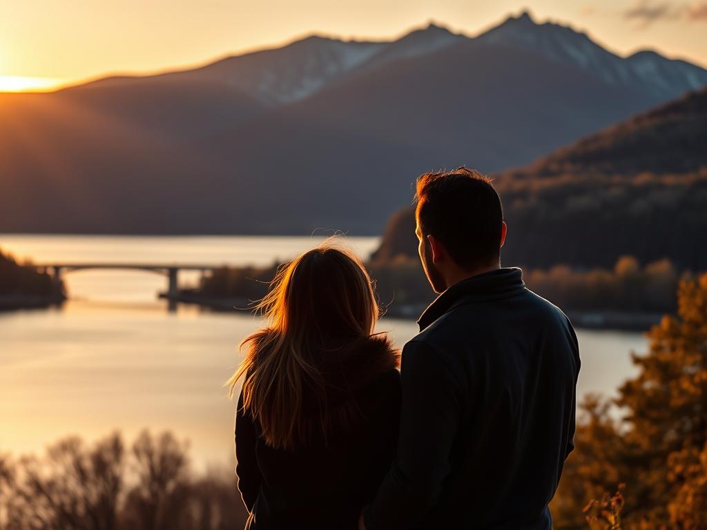 Casal apreciando o pôr do sol sobre o lago em Bariloche durante o outono, com montanhas e árvores coloridas ao fundo Casal apreciando o pôr do sol sobre o lago em Bariloche durante o outono, com montanhas e árvores coloridas ao fundo