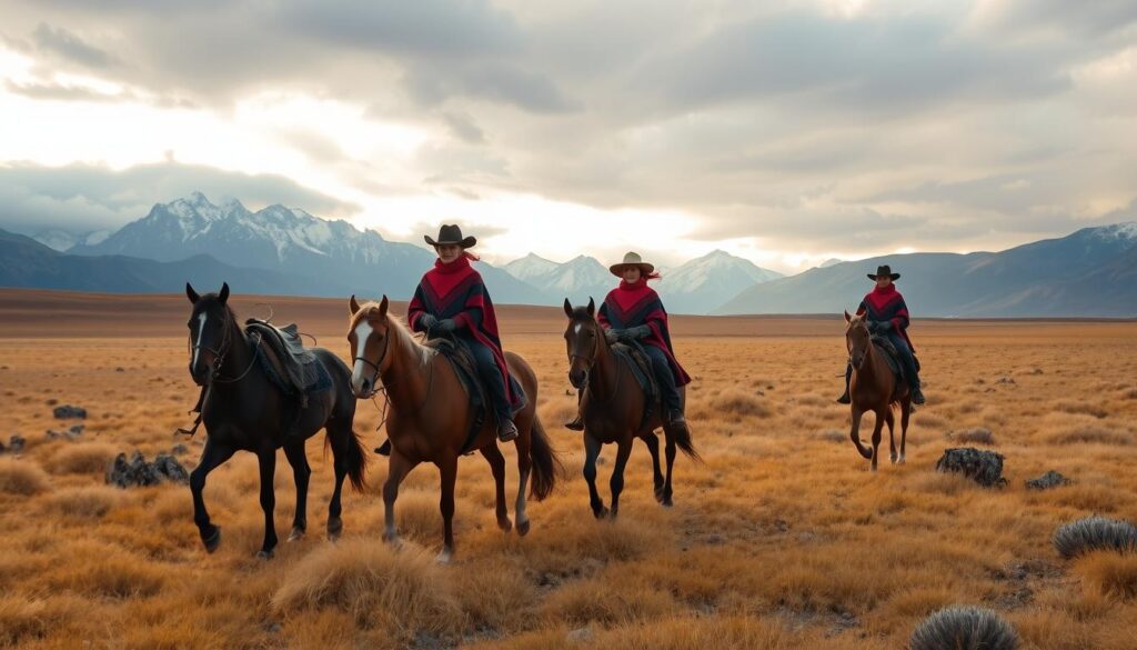 Cavalgada na estepe patagônica durante o outono, com cavaleiros usando ponchos tradicionais Cavalgada na estepe patagônica durante o outono, com cavaleiros usando ponchos tradicionais