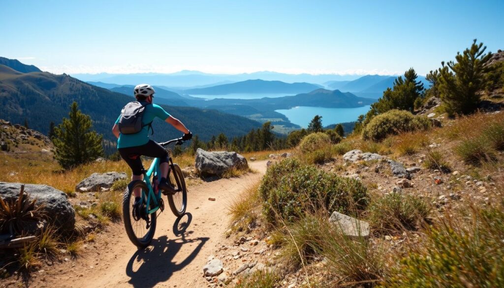 Ciclista de mountain bike descendo trilha no Cerro Catedral Bariloche no verão