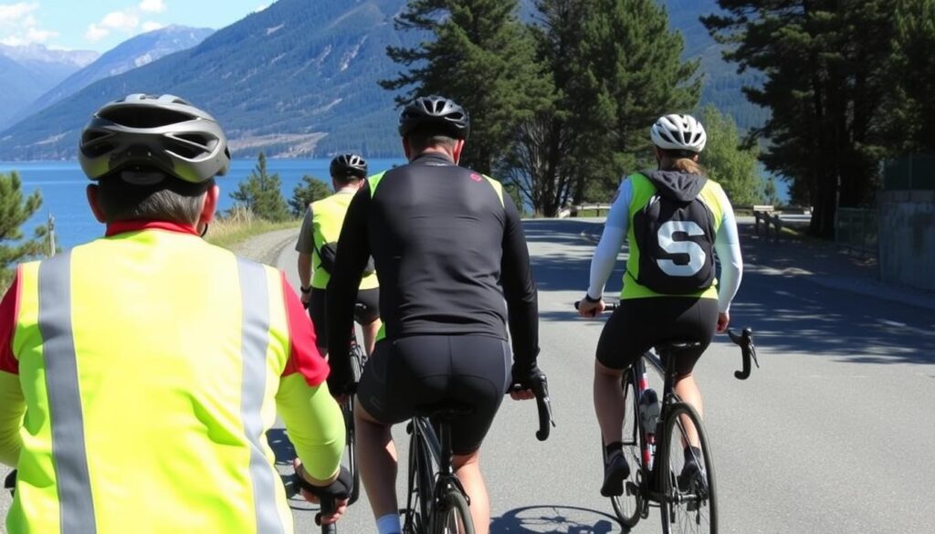 Ciclistas no Circuito Chico Bariloche com equipamento adequado Ciclistas no Circuito Chico Bariloche com equipamento adequado