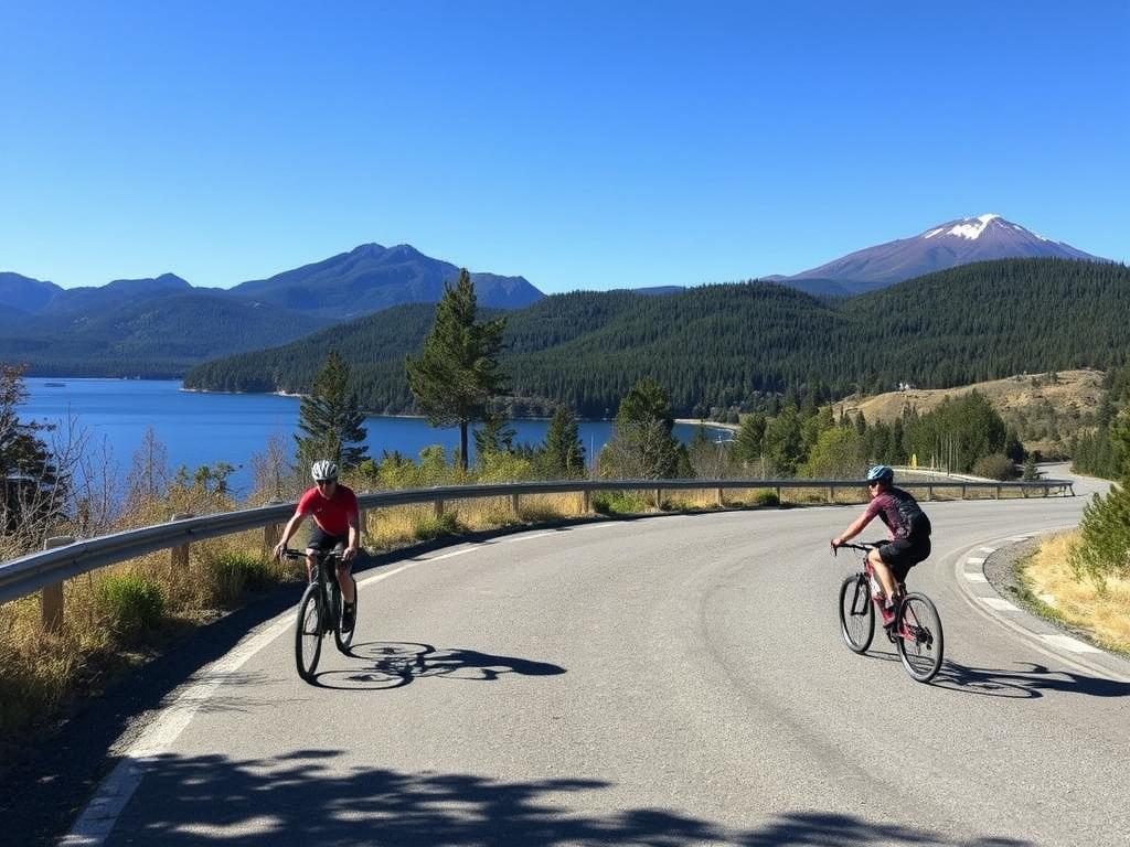 Ciclistas percorrendo o Circuito Chico Bariloche com o Lago Nahuel Huapi ao fundo Ciclistas percorrendo o Circuito Chico Bariloche com o Lago Nahuel Huapi ao fundo