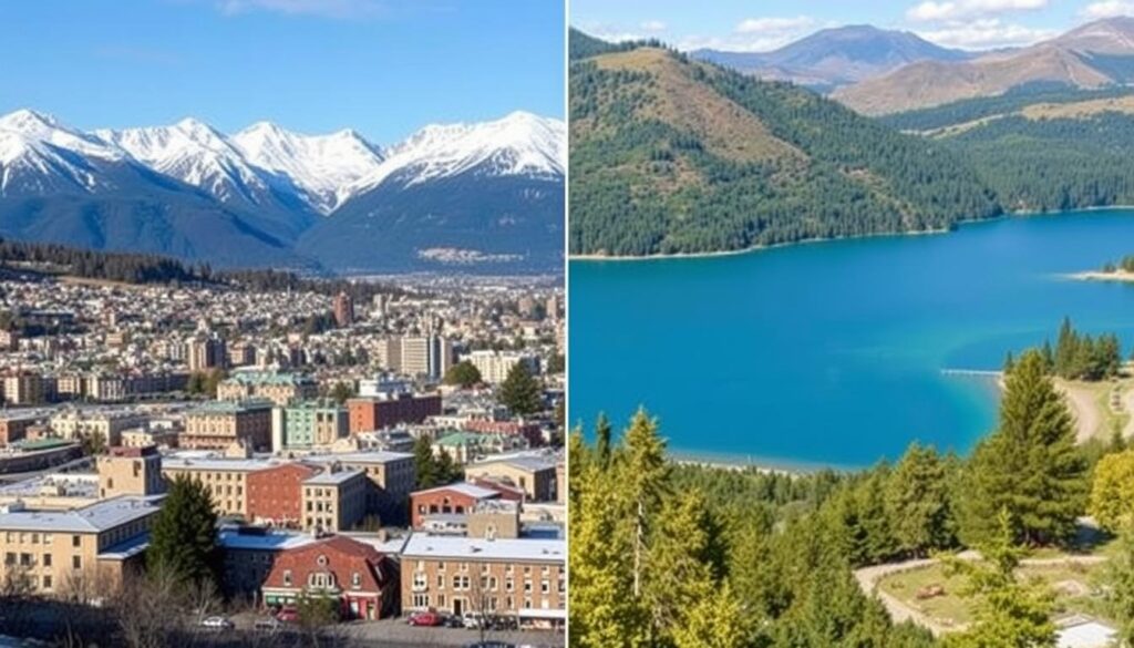 Contraste entre Bariloche no inverno com neve e no verão com paisagens verdes Contraste entre Bariloche no inverno com neve e no verão com paisagens verdes