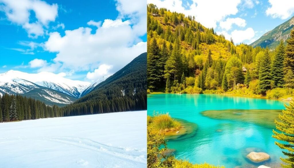 Contraste entre inverno e verão em Bariloche mostrando a mesma paisagem em diferentes estações