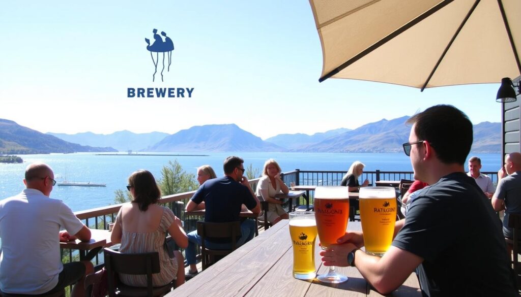 Deck da Cervejaria Patagonia com vista para o lago durante o verão em Bariloche