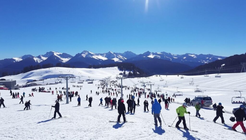 Estação de esqui Cerro Catedral em Bariloche durante o inverno com muita neve e esquiadores