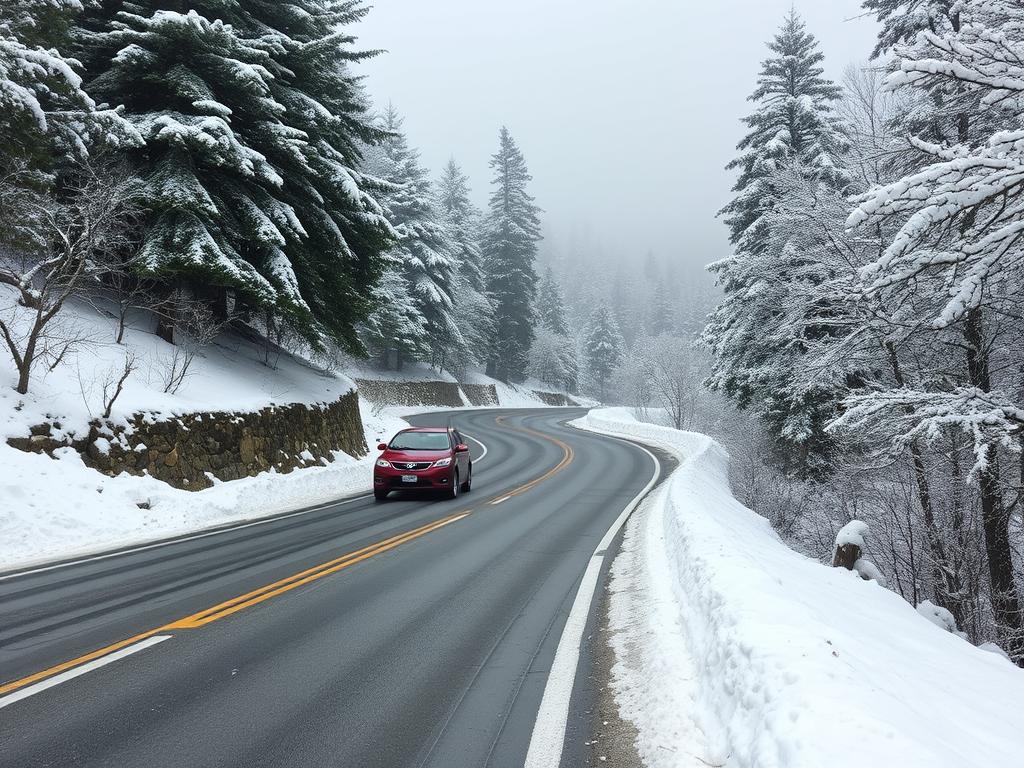 Estrada sinuosa do Circuito Chico Bariloche durante o inverno com neve Estrada sinuosa do Circuito Chico Bariloche durante o inverno com neve