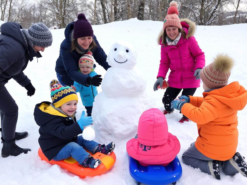 Família com crianças brincando na neve em Piedras Blancas, Bariloche, durante o inverno Família com crianças brincando na neve em Piedras Blancas, Bariloche, durante o inverno