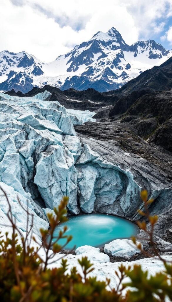 Geleira Ventisquero Negro no Cerro Tronador com suas impressionantes formações de gelo