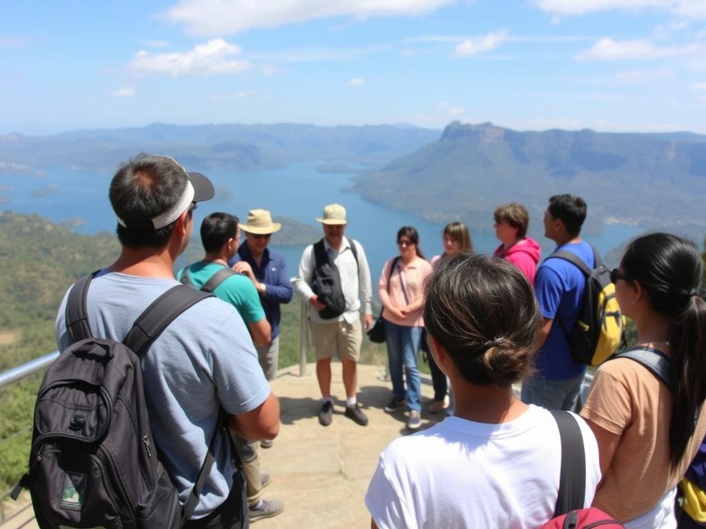 Grupo de turistas com guia no mirante Punto Panorámico do Circuito Chico Grupo de turistas com guia no mirante Punto Panorámico do Circuito Chico