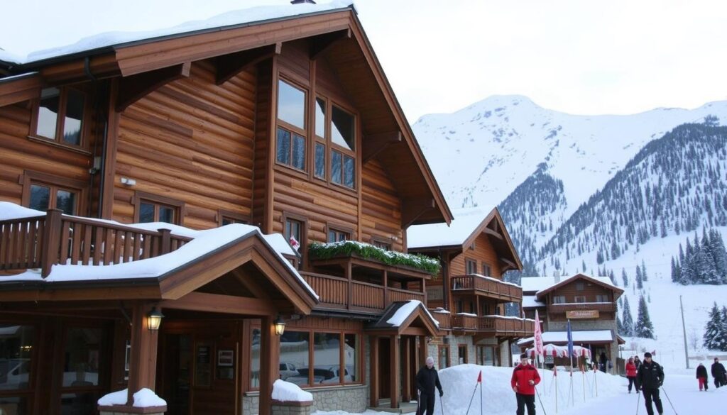Hotel na base do Cerro Catedral Bariloche com montanhas nevadas ao fundo