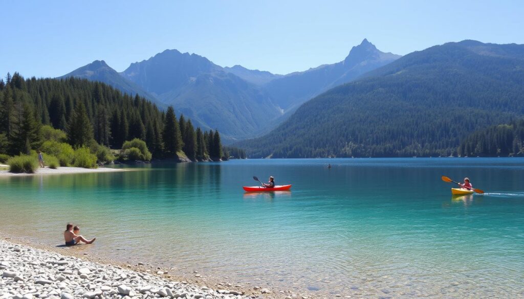 Lago Gutiérrez com suas águas cristalinas e montanhas ao fundo, ideal para famílias