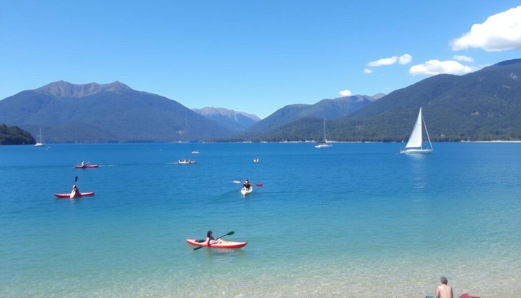 Lago Nahuel Huapi em Bariloche durante o verão com pessoas praticando esportes aquáticos