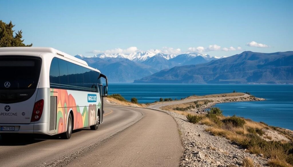 Ônibus chegando a Bariloche pela estrada com vista para o Lago Nahuel Huapi Ônibus chegando a Bariloche pela estrada com vista para o Lago Nahuel Huapi