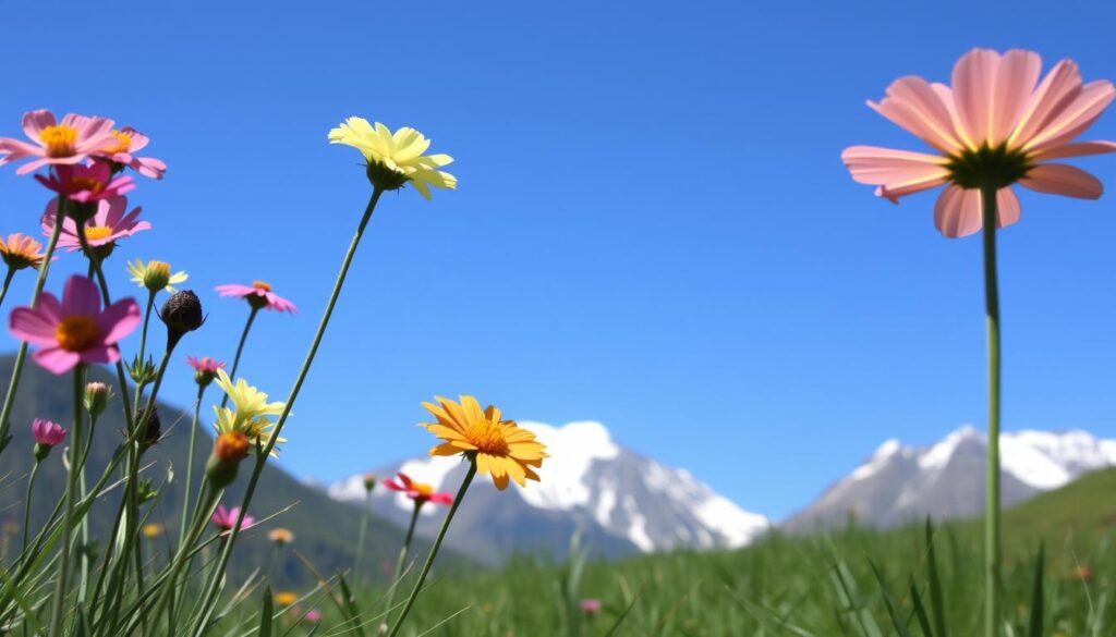 Paisagem de Bariloche na primavera com flores silvestres e neve ainda visível nas montanhas