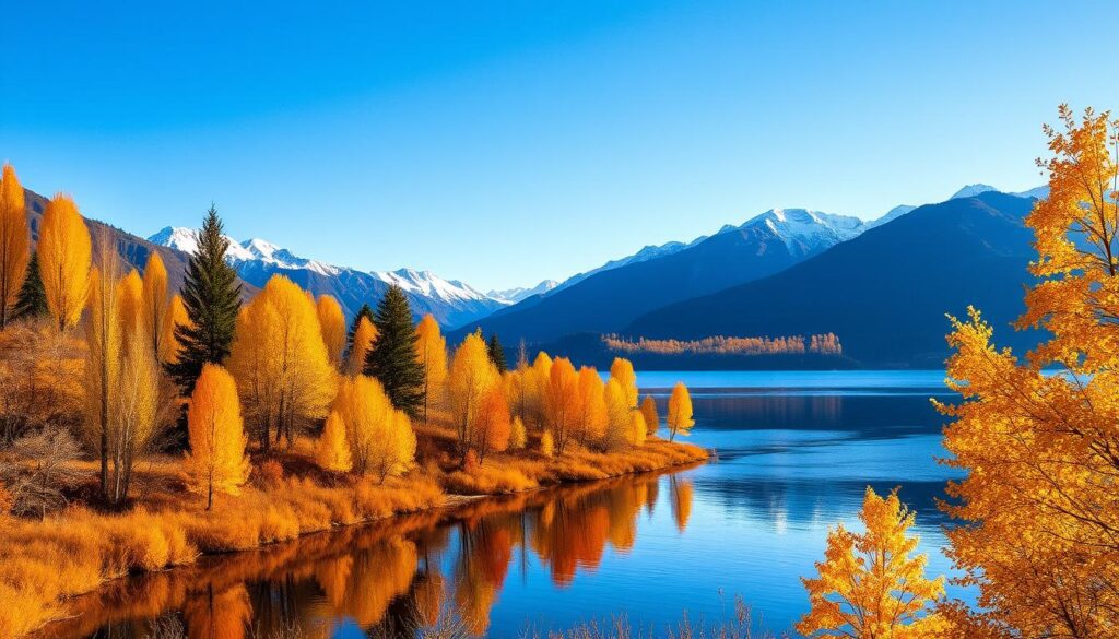 Paisagem outonal em Bariloche com árvores em tons dourados e alaranjados às margens do Lago Nahuel Huapi