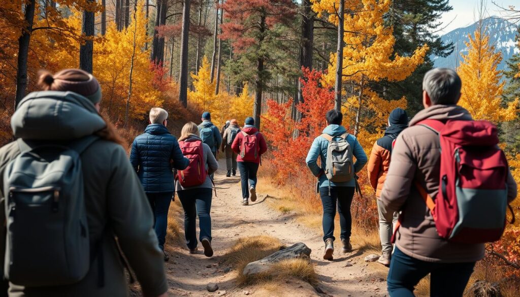 Pessoas caminhando em trilha durante o outono em Bariloche, vestidas com roupas em camadas Pessoas caminhando em trilha durante o outono em Bariloche, vestidas com roupas em camadas