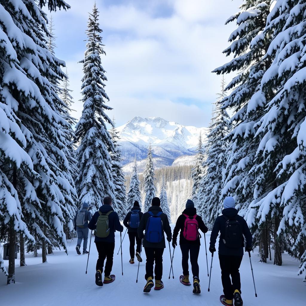 Pessoas fazendo caminhada com raquetes de neve no Cerro Catedral Bariloche