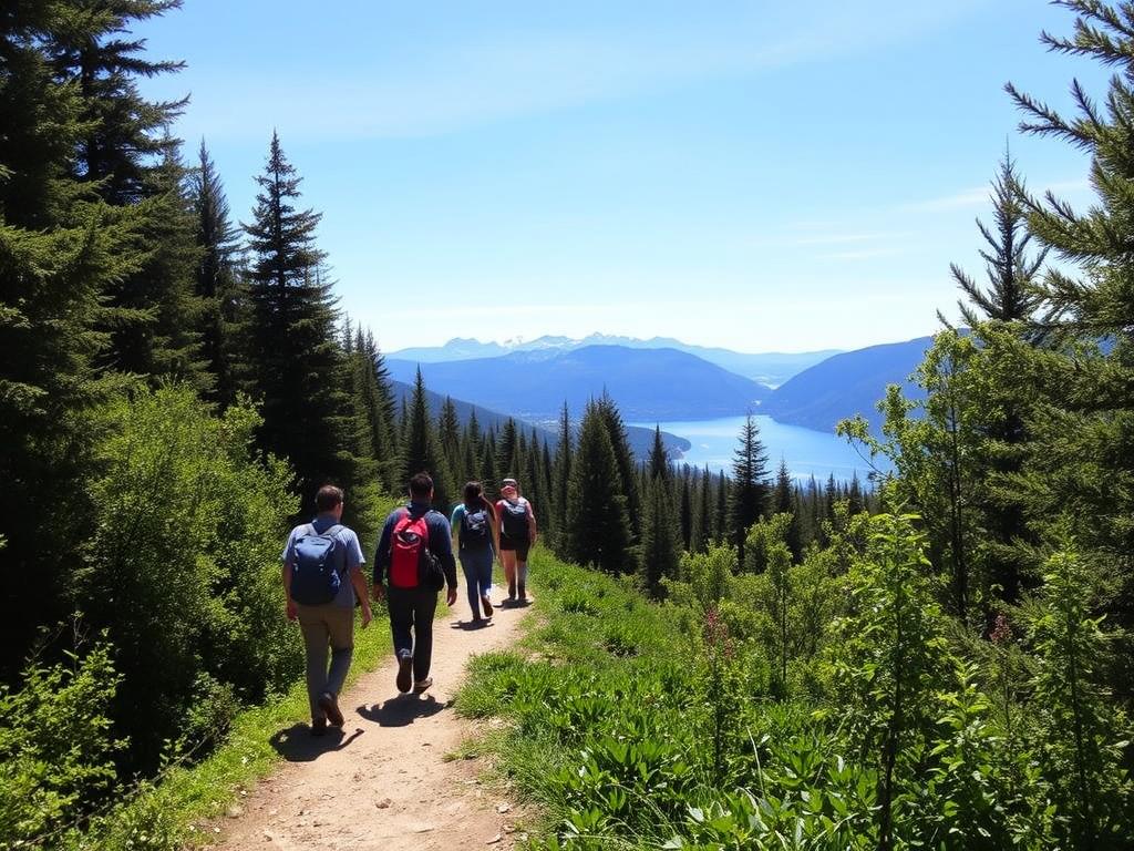 Pessoas fazendo trilha em meio à natureza exuberante de Bariloche no verão