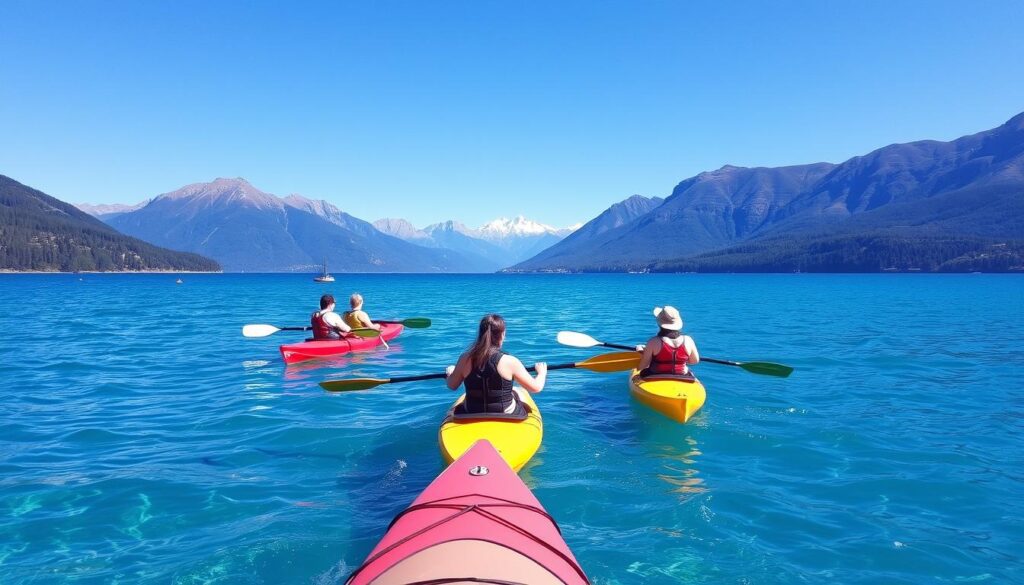 Pessoas praticando caiaque no Lago Nahuel Huapi durante o verão em Bariloche