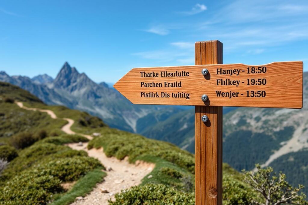 Placa de sinalização em trilha durante o verão em Bariloche