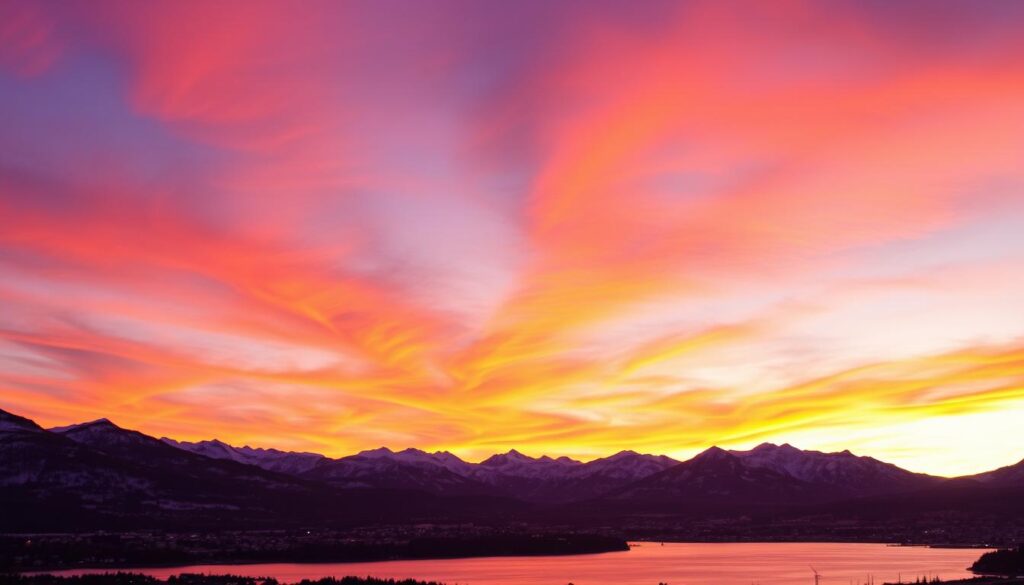 Pôr do sol em Bariloche com montanhas nevadas ao fundo, capturando a magia do inverno patagônico quando neva em Bariloche Pôr do sol em Bariloche com montanhas nevadas ao fundo, capturando a magia do inverno patagônico quando neva em Bariloche