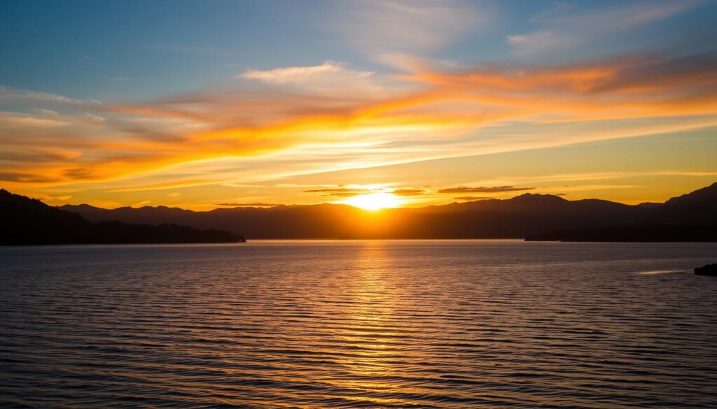 Pôr do sol no Lago Nahuel Huapi durante o verão em Bariloche