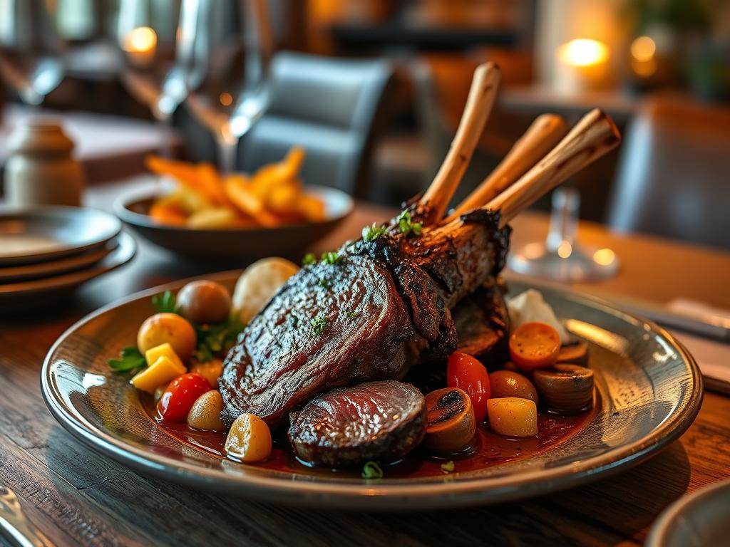 Prato de cordeiro patagônico com acompanhamentos outonais em restaurante de Bariloche Prato de cordeiro patagônico com acompanhamentos outonais em restaurante de Bariloche