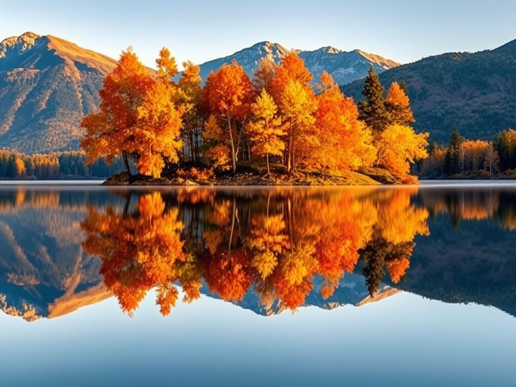 Reflexo das árvores com cores de outono nas águas calmas do Lago Nahuel Huapi em Bariloche Reflexo das árvores com cores de outono nas águas calmas do Lago Nahuel Huapi em Bariloche