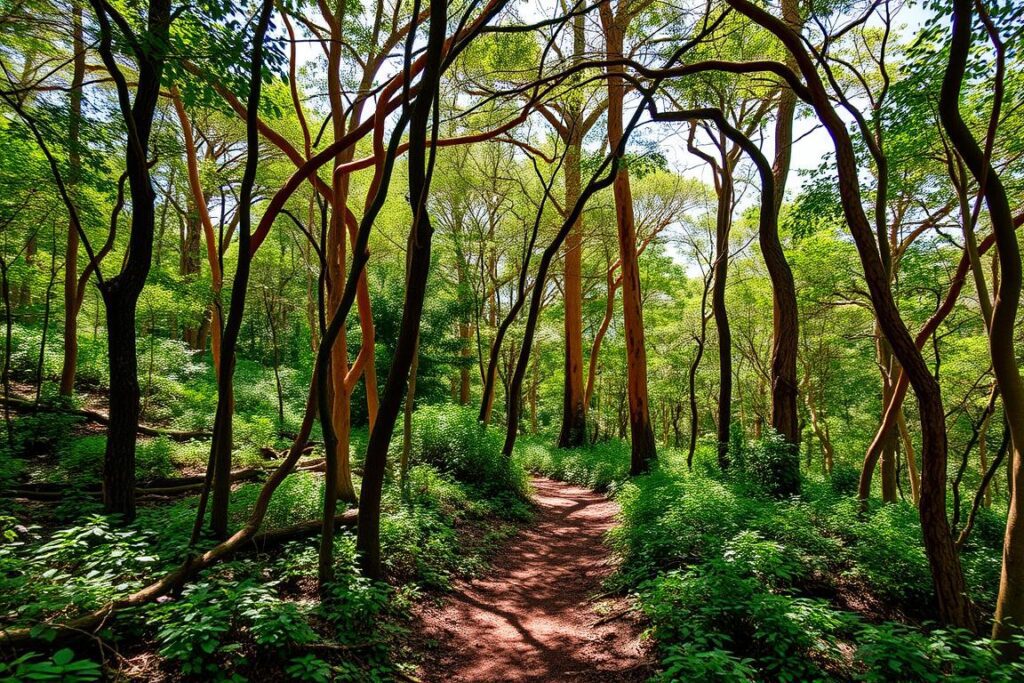 Trilha do Bosque de Arrayanes no Circuito Chico com árvores de troncos alaranjados Trilha do Bosque de Arrayanes no Circuito Chico com árvores de troncos alaranjados