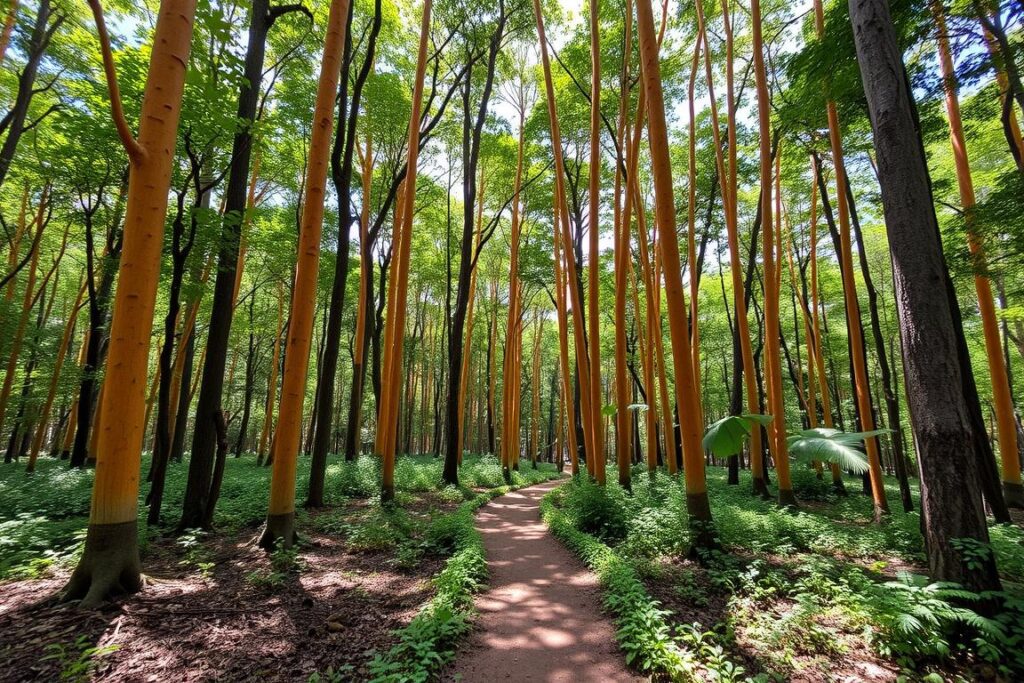 Trilha no Bosque de Arrayanes com troncos alaranjados característicos Trilha no Bosque de Arrayanes com troncos alaranjados característicos