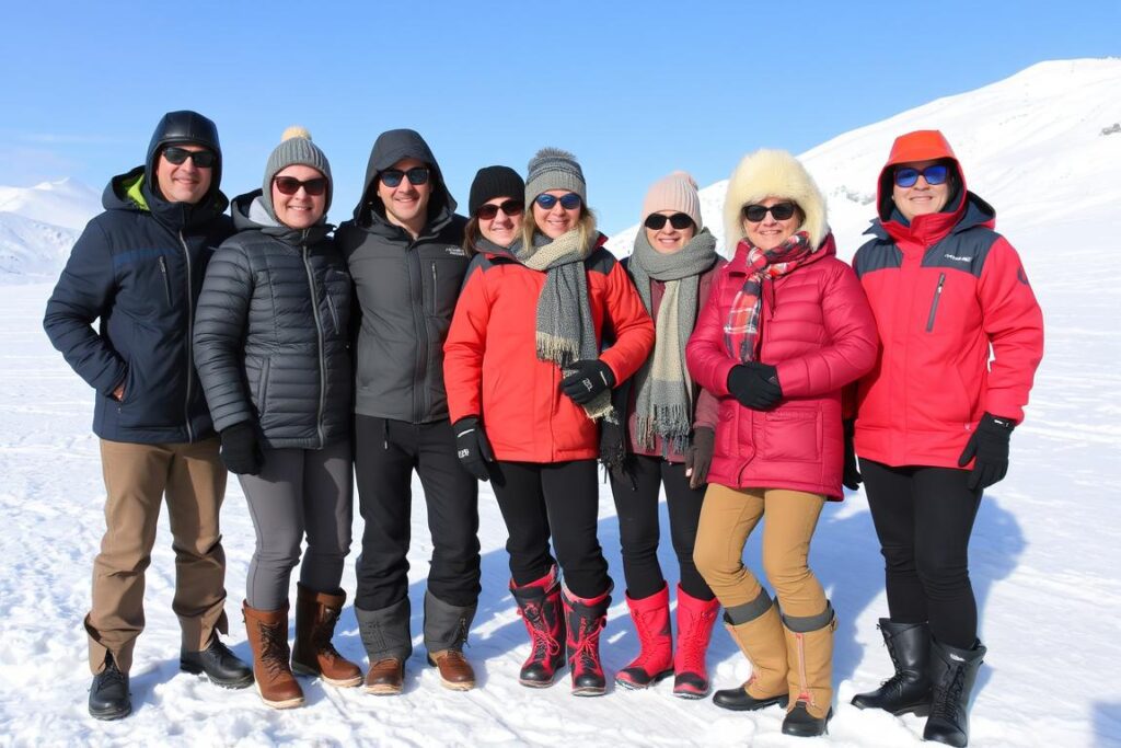 Turistas adequadamente vestidos para aproveitar a neve em Bariloche, mostrando as camadas necessárias quando neva em Bariloche Turistas adequadamente vestidos para aproveitar a neve em Bariloche, mostrando as camadas necessárias quando neva em Bariloche