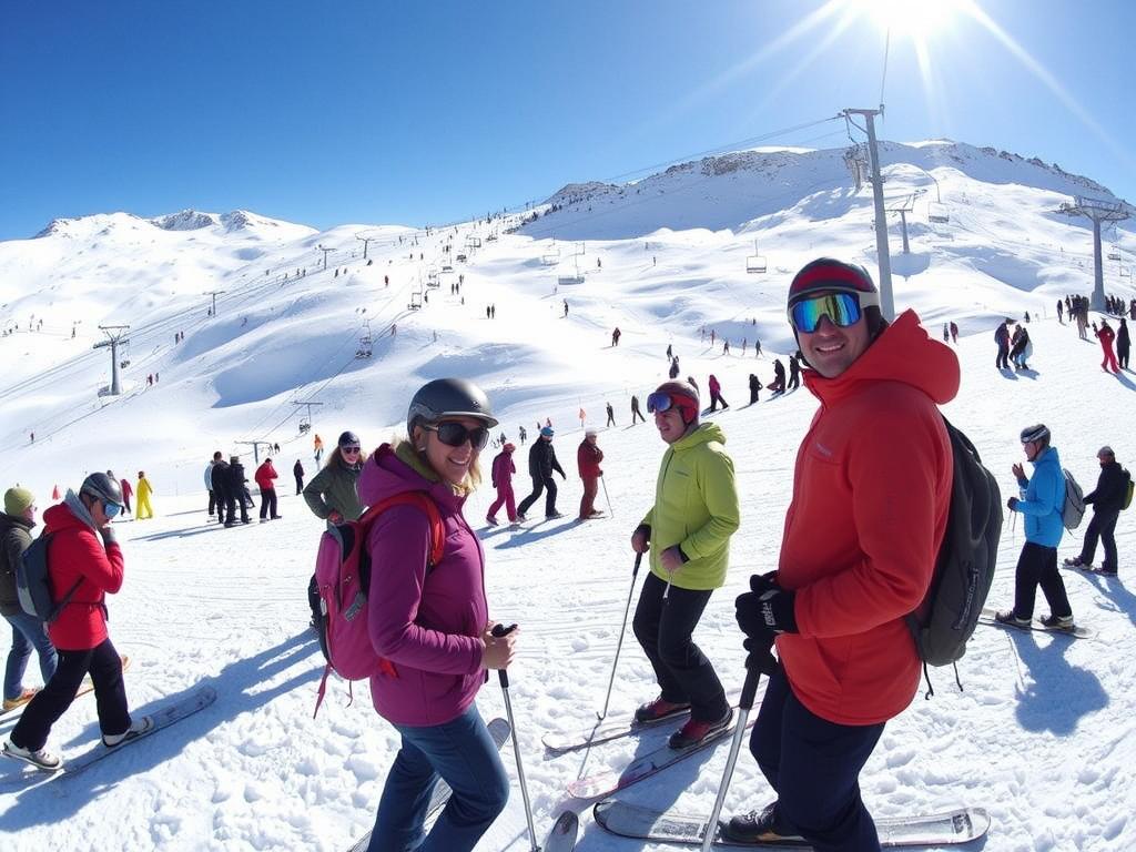 Turistas aproveitando a neve no Cerro Catedral em Bariloche durante julho, quando neva em Bariloche com mais intensidade Turistas aproveitando a neve no Cerro Catedral em Bariloche durante julho, quando neva em Bariloche com mais intensidade