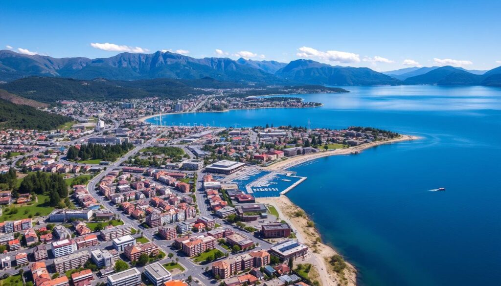 Vista aérea do centro de Bariloche às margens do Lago Nahuel Huapi durante o verão