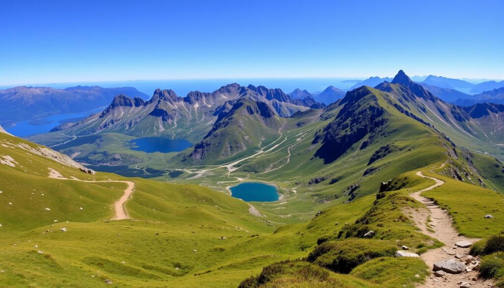 Vista das montanhas do Cerro Catedral Bariloche durante o verão com trilhas e vegetação