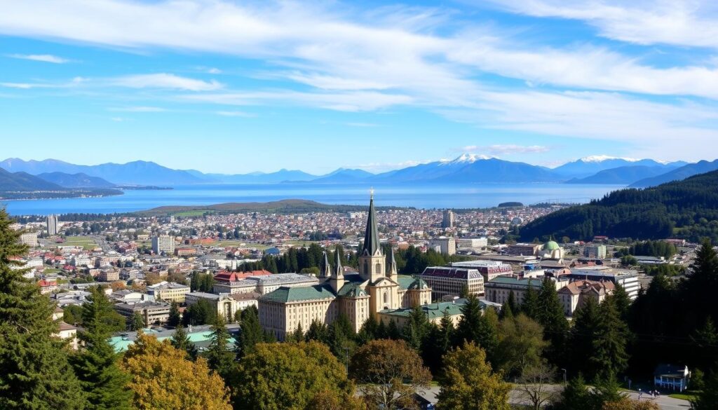 Vista panorâmica de Bariloche com o Centro Cívico e o lago Nahuel Huapi ao fundo