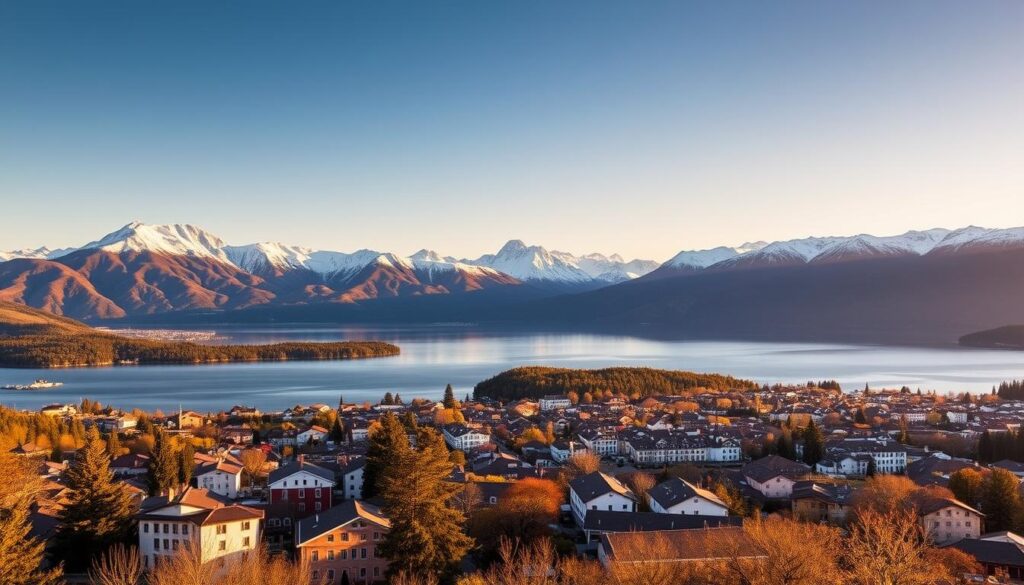 Vista panorâmica de Bariloche com o Lago Nahuel Huapi e montanhas nevadas ao fundo