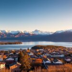 Vista panorâmica de Bariloche com o Lago Nahuel Huapi e montanhas nevadas ao fundo