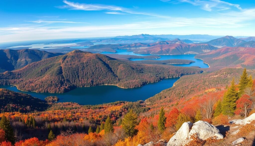 Vista panorâmica do Cerro Campanario mostrando a paisagem outonal de Bariloche com lagos e montanhas Vista panorâmica do Cerro Campanario mostrando a paisagem outonal de Bariloche com lagos e montanhas