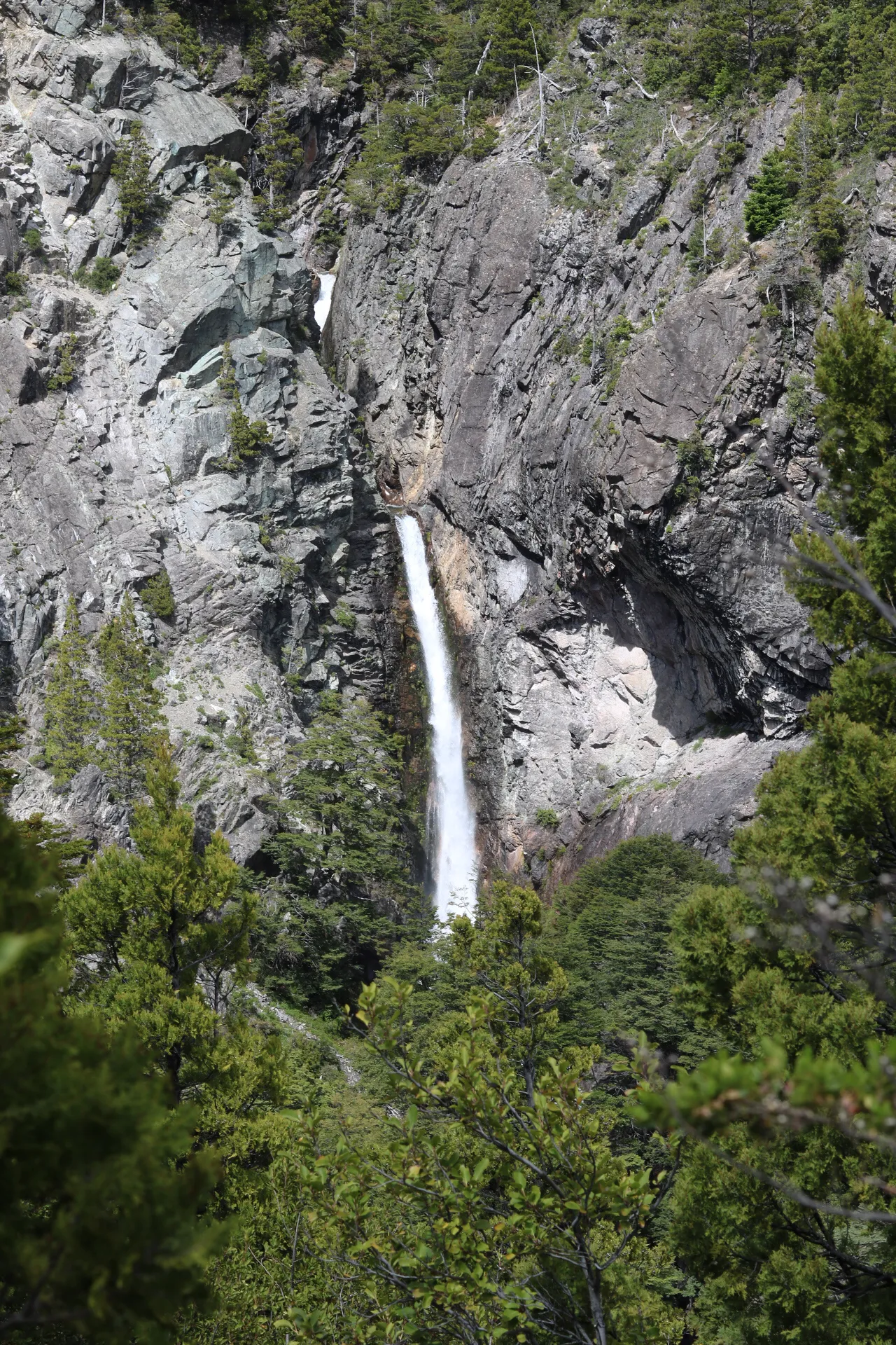 bariloche em janeiro: Cachoeira em paredão rochoso com vegetação nativa ao redor em Bariloche, Patagônia argentina